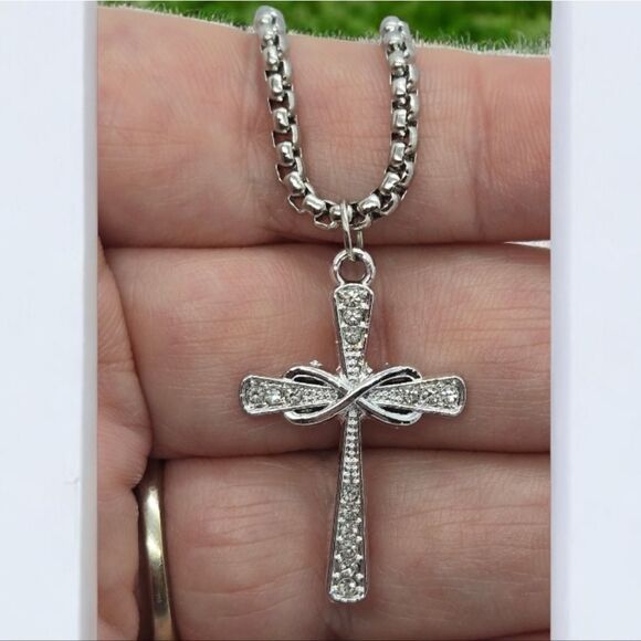 Rhinestone Infinity Cross Pendant Women's Silver Stainless Steel Necklace Gift - Picture 3 of 9
